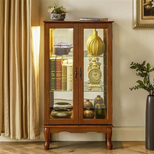 Cabinet Lighted Diapaly Cabinet with Adjustable Shelves and Mirrored Back Panel, Tempered Glass Doors (Oak, 3 Tier), (E26 light bulb not included) Cabinet Lighted Diapaly Cabinet with Adjustable Shelves and Mirrored Back Panel, Tempered Glass Doors (Oak, 3 Tier), (E26 light bulb not included)